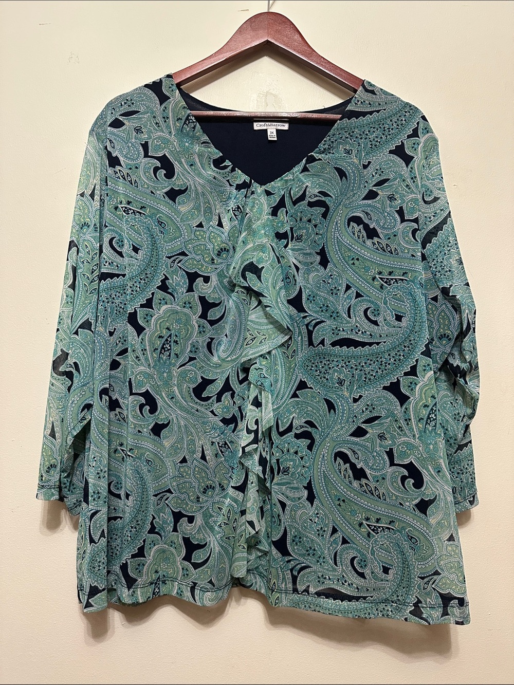 croft & barrow Teal Paisley V-Neck Draped Blouse
